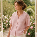 Women's Pink Linen Blouse — Sophia Ruffle Sleeve Button-Front