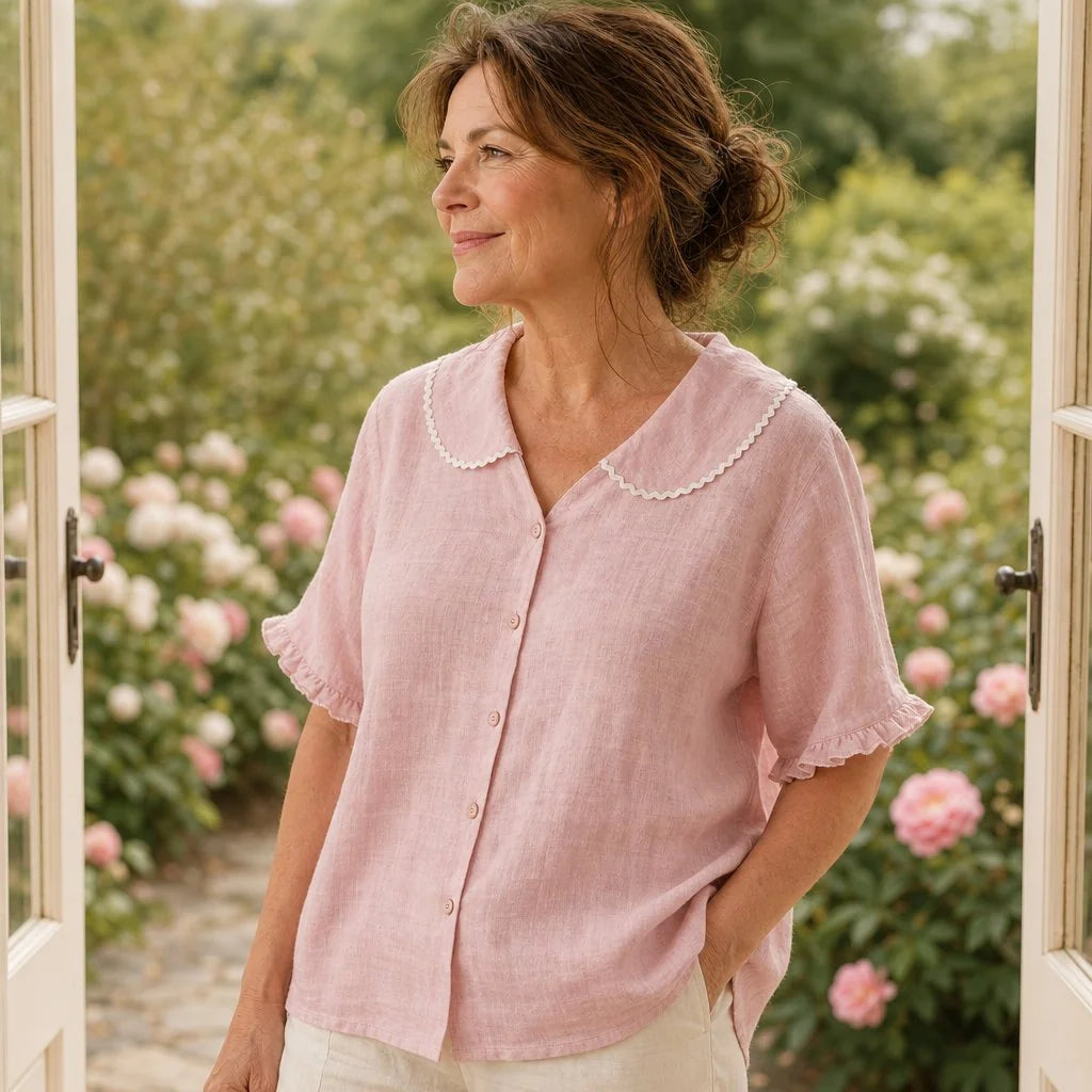 Light Pink Women's Pink Linen Blouse — Sophia Ruffle Sleeve Button-Front - Front Full