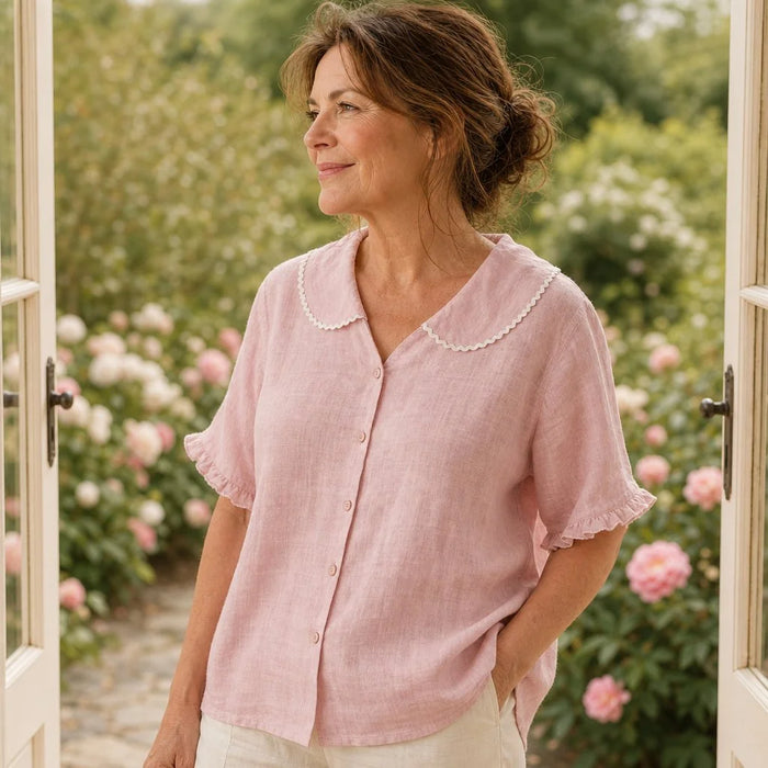 Light Pink Women's Pink Linen Blouse — Sophia Ruffle Sleeve Button-Front - Front Full