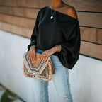 Black Women's Satin Blouse with Asymmetric Off-Shoulder Neckline & Batwing Sleeves - Front Pose Clutch