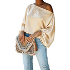 Champagne Women's Satin Blouse with Asymmetric Off-Shoulder Neckline & Batwing Sleeves - Studio White Bg