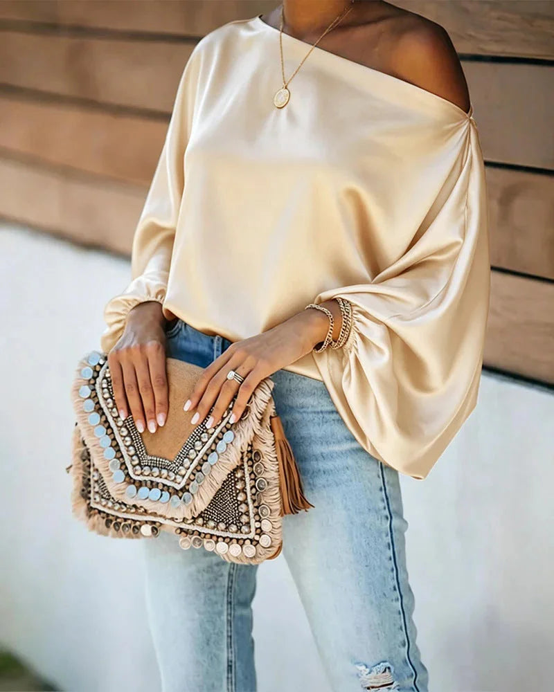 Women's Satin Blouse with Asymmetric Off-Shoulder Neckline & Batwing Sleeves