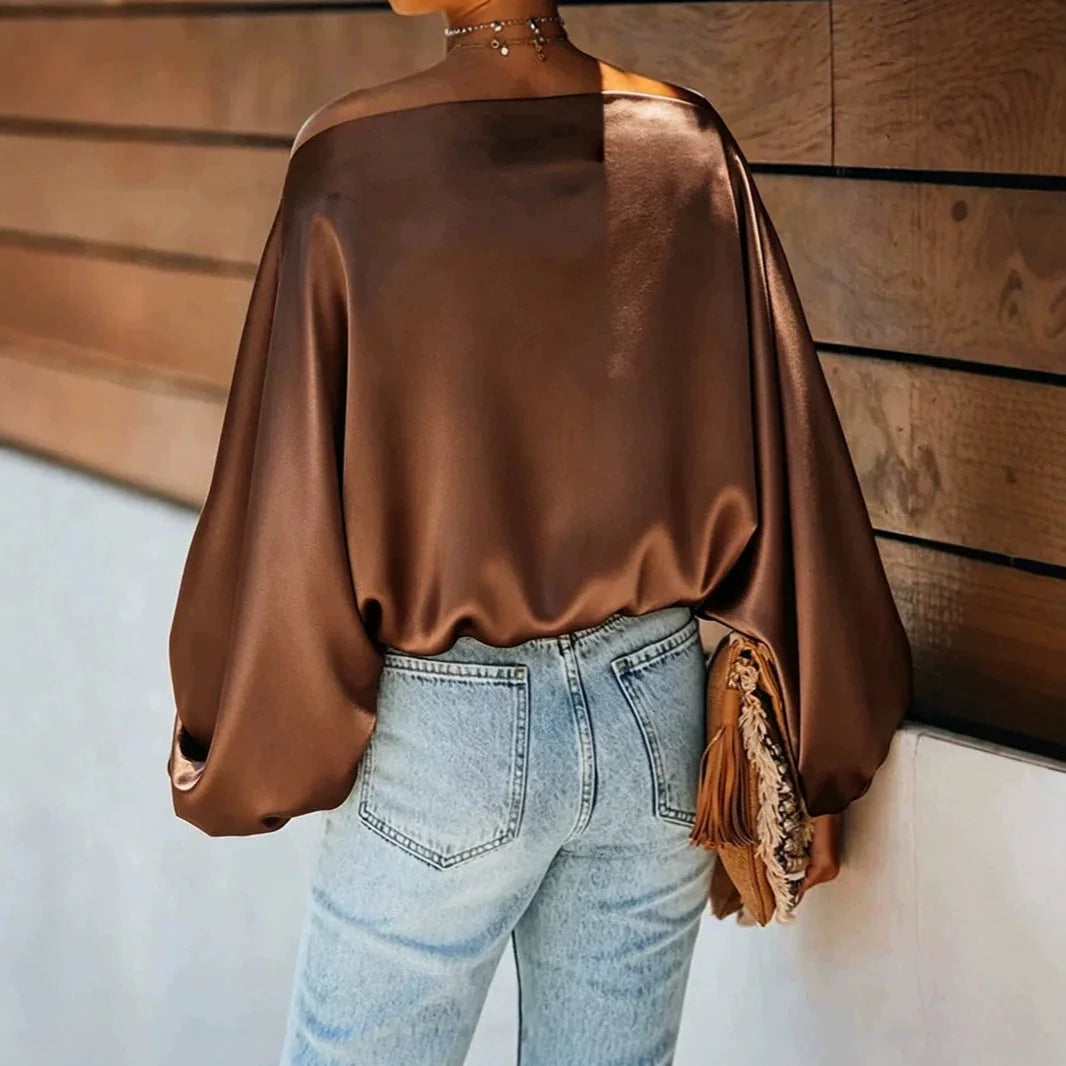 Women's Satin Blouse with Asymmetric Off-Shoulder Neckline & Batwing Sleeves - Brown Back Detail