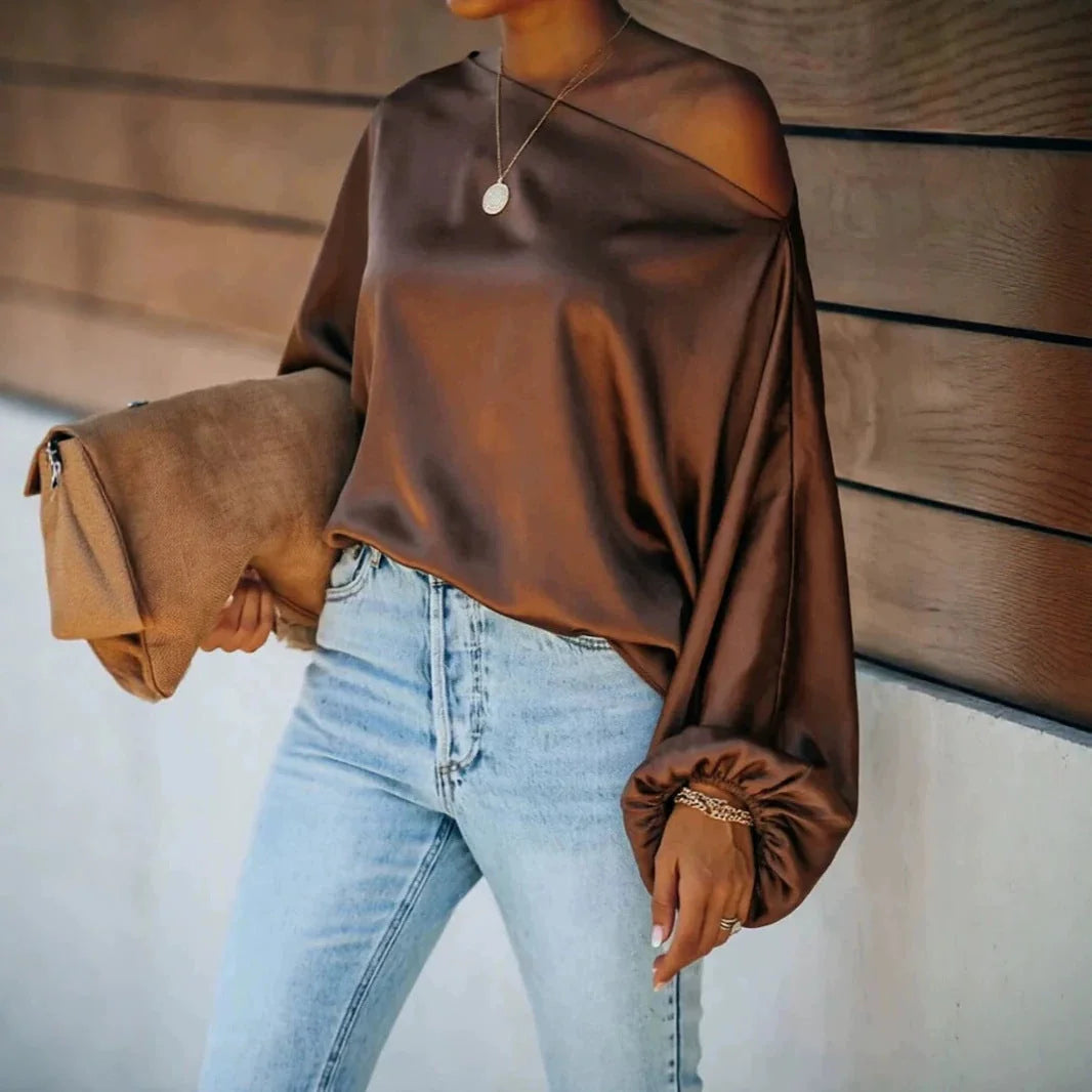 Coffee brown Women's Satin Blouse with Asymmetric Off-Shoulder Neckline & Batwing Sleeves - Front Full Outdoor