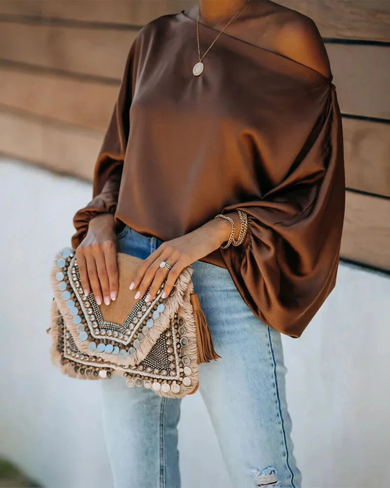 Women's Satin Blouse with Asymmetric Off-Shoulder Neckline & Batwing Sleeves - Brown