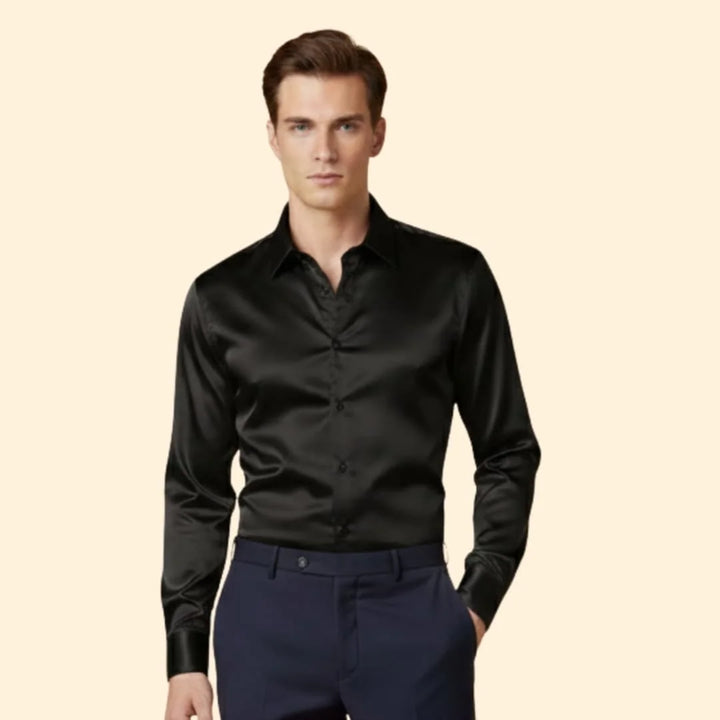 Black Men's Satin Shirt with Long Sleeves & Relaxed Comfort Fit