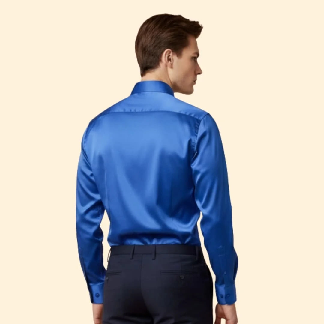 Blue Men's Satin Shirt with Long Sleeves & Relaxed Comfort Fit — Wyatt - Back Detail