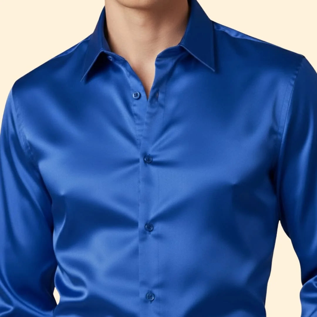 Blue Men's Satin Shirt with Long Sleeves & Relaxed Comfort Fit — Wyatt - Close Up Neckline