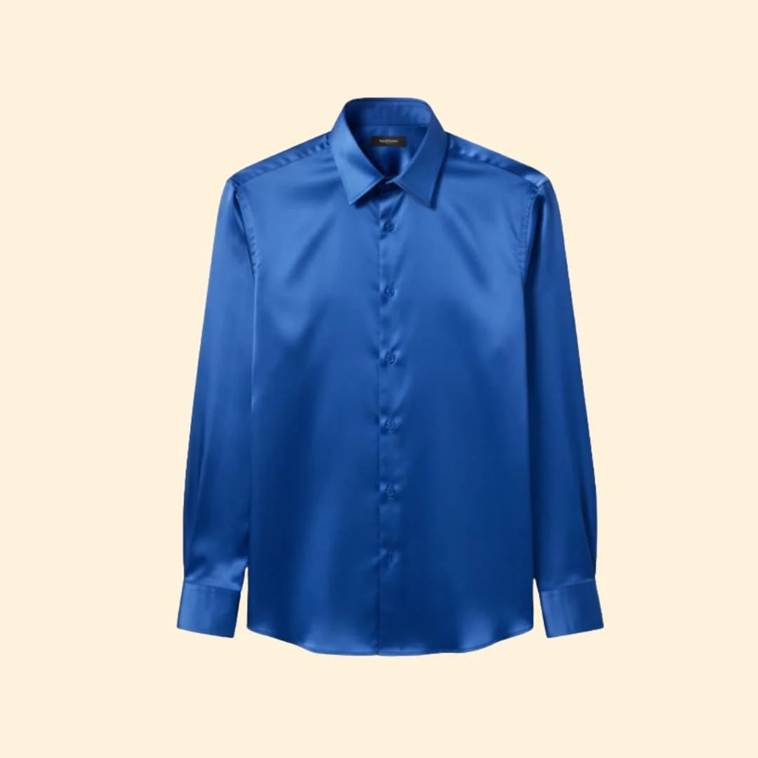 Blue Men's Satin Shirt with Long Sleeves & Relaxed Comfort Fit — Wyatt - Flat Lay