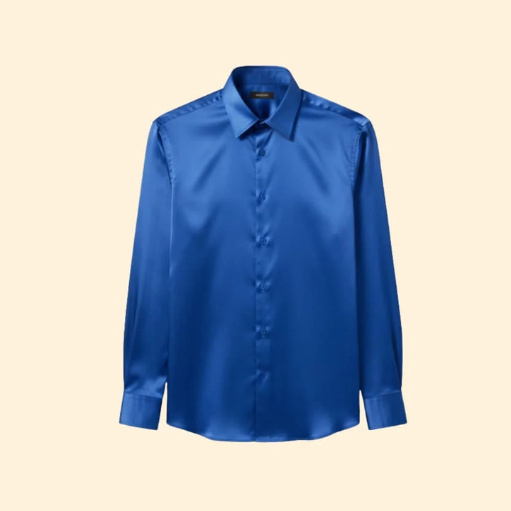 Blue Men's Satin Shirt with Long Sleeves & Relaxed Comfort Fit — Wyatt - Flat Lay