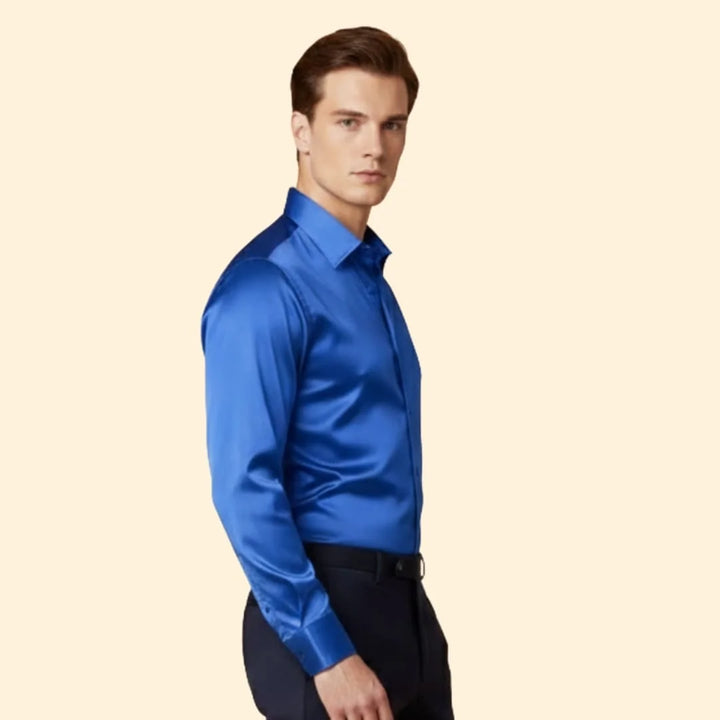 Blue Men's Satin Shirt with Long Sleeves & Relaxed Comfort Fit — Wyatt - Side Pose