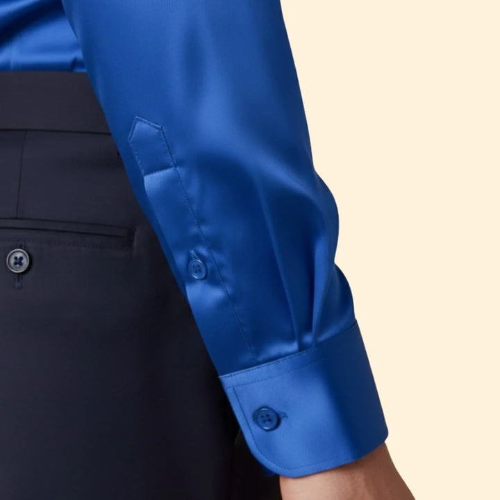 Blue Men's Satin Shirt with Long Sleeves & Relaxed Comfort Fit — Wyatt - Sleeve Detail