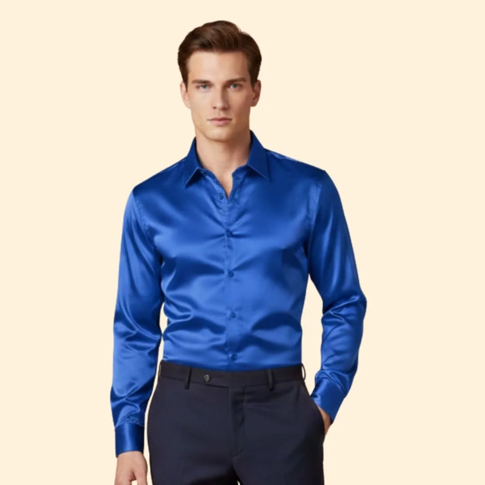 Blue Men's Satin Shirt with Long Sleeves & Relaxed Comfort Fit