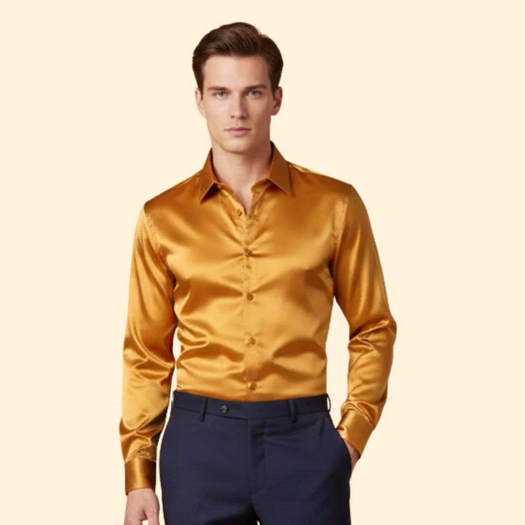 Gold Men's Satin Shirt with Long Sleeves & Relaxed Comfort Fit