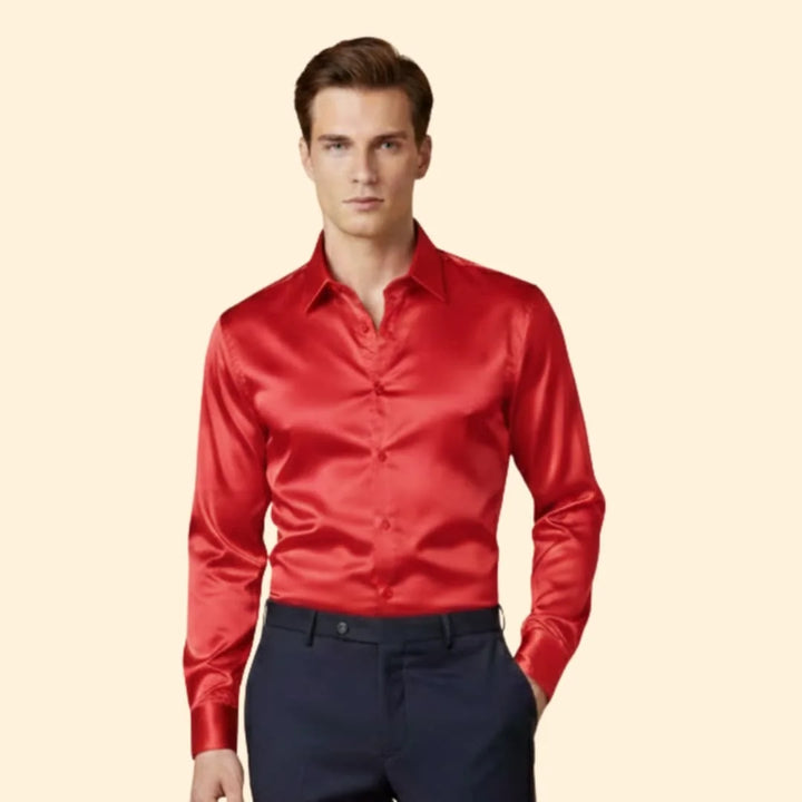 Red Men's Satin Shirt with Long Sleeves & Relaxed Comfort Fit