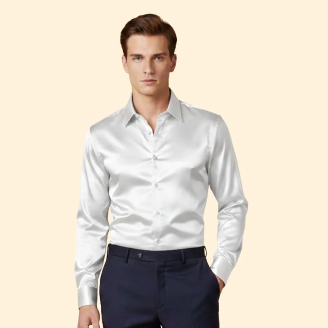 White Men's Satin Shirt with Long Sleeves & Relaxed Comfort Fit