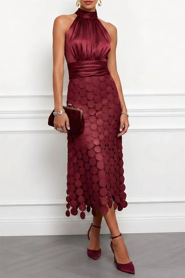 Burgundy Women's Satin Halter Midi Dress with Circle Cutout Skirt & Ruched Waist