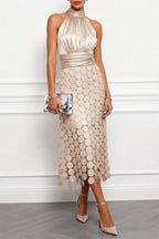 Champagne Women's Satin Halter Midi Dress with Circle Cutout Skirt & Ruched Waist