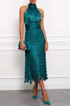 Dark Green Women's Satin Halter Midi Dress with Circle Cutout Skirt & Ruched Waist