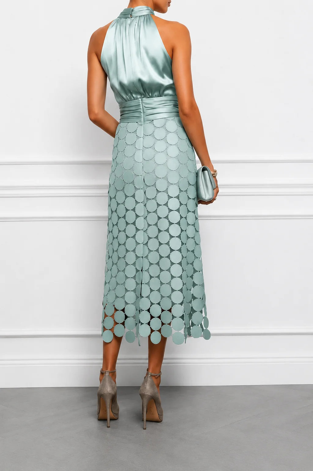 Mint Women's Satin Halter Midi Dress with Circle Cutout Skirt & Ruched Waist — Annabelle - Back Full