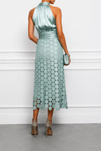 Mint Women's Satin Halter Midi Dress with Circle Cutout Skirt & Ruched Waist — Annabelle - Back Full