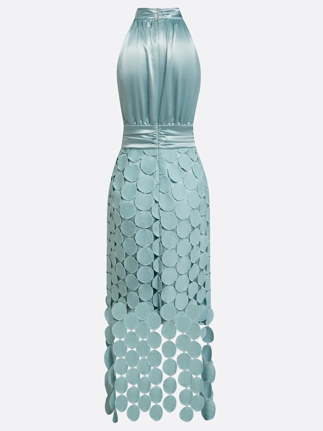 Mint Women's Satin Halter Midi Dress with Circle Cutout Skirt & Ruched Waist — Annabelle - Product Flat Back