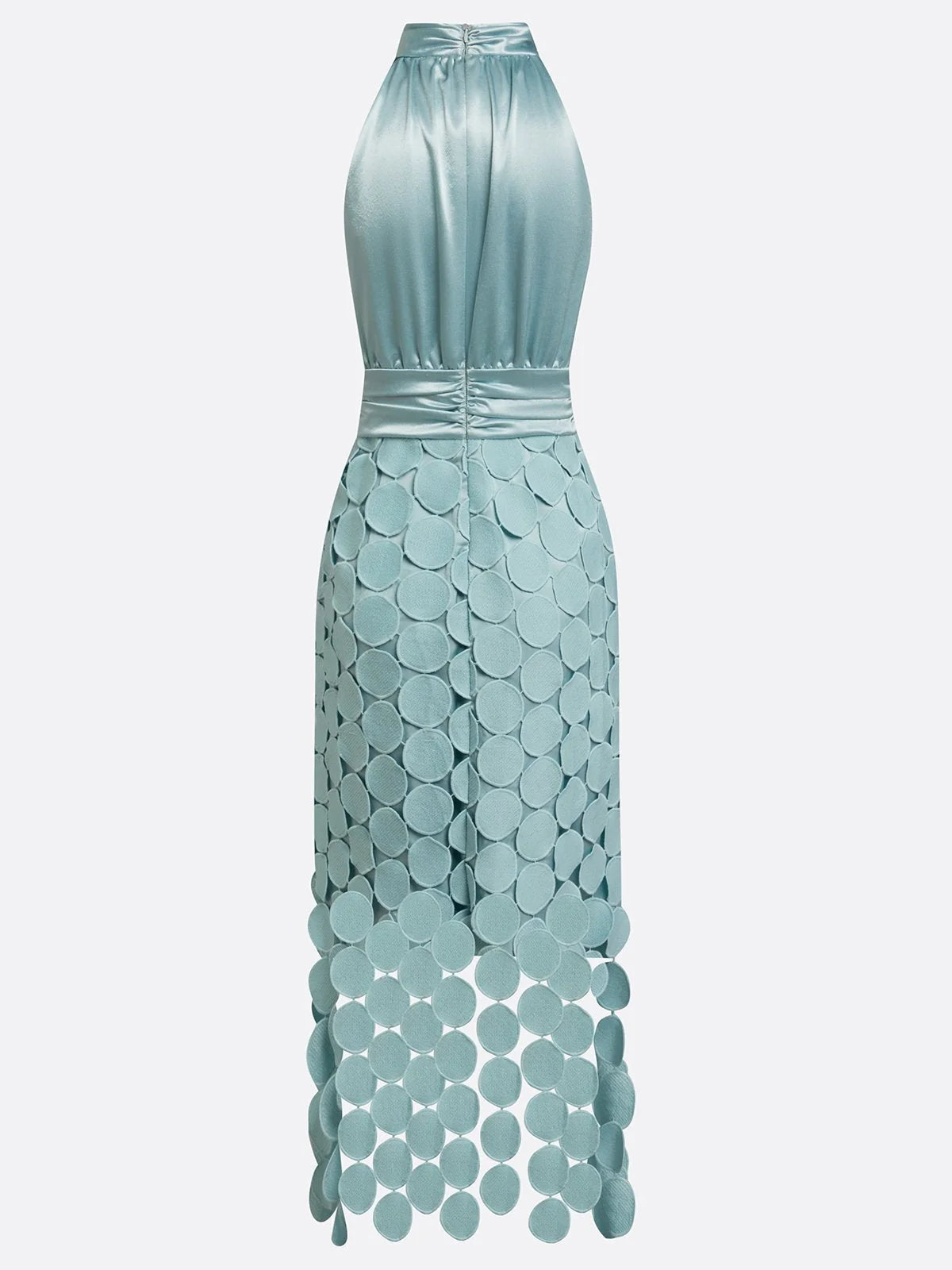 Mint Women's Satin Halter Midi Dress with Circle Cutout Skirt & Ruched Waist — Annabelle - Product Flat Back