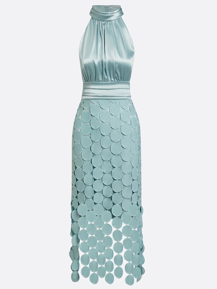 Mint Women's Satin Halter Midi Dress with Circle Cutout Skirt & Ruched Waist — Annabelle - Product Flat Front