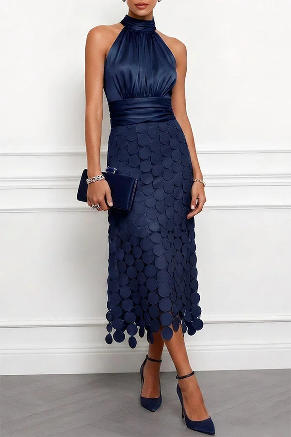 Navy Blue Women's Satin Halter Midi Dress with Circle Cutout Skirt & Ruched Waist