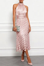 Pink Women's Satin Halter Midi Dress with Circle Cutout Skirt & Ruched Waist