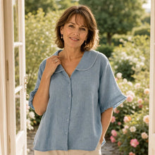 Women's Blue Linen Blouse — Sofie Scalloped Collar Flutter Sleeve