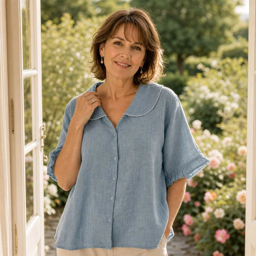 Light Blue Women's Blue Linen Blouse — Sofie Scalloped Collar Flutter Sleeve - Front Full