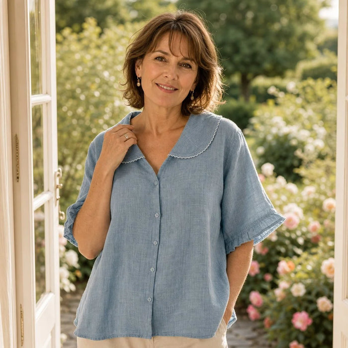Light Blue Women's Blue Linen Blouse — Sofie Scalloped Collar Flutter Sleeve - Front Full