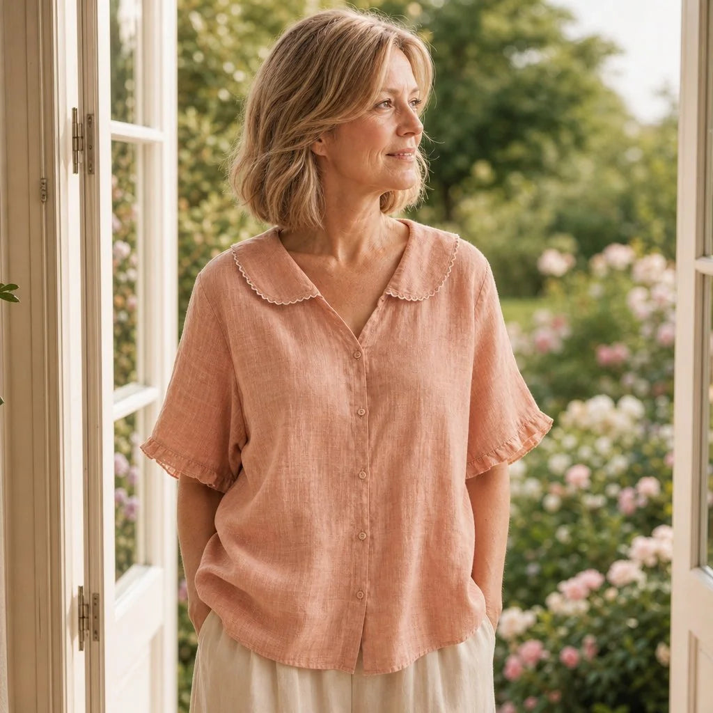 Peach Women's Peach Linen Blouse — Hazel Scalloped Collar Button-Front - Front Full