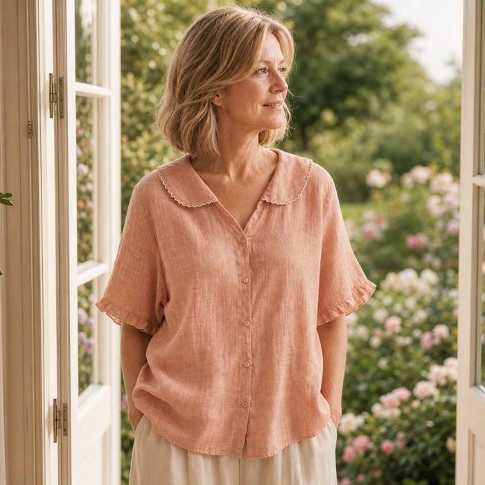 Peach Women's Peach Linen Blouse — Hazel Scalloped Collar Button-Front - Front Full