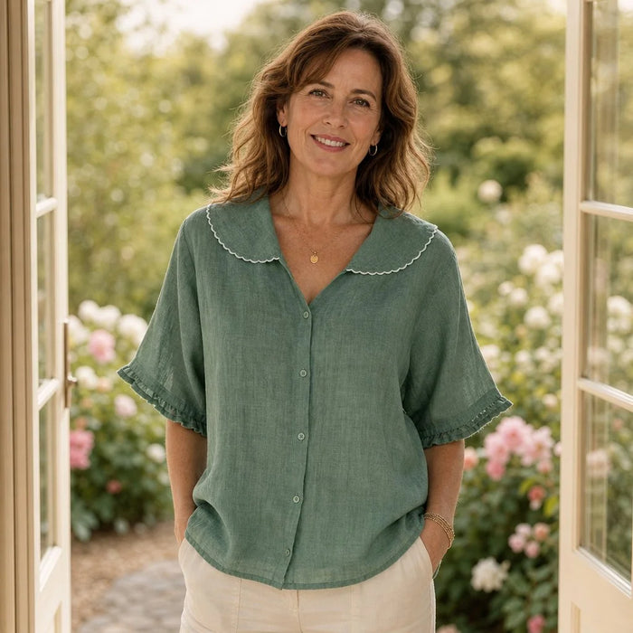 Sage Women's Green Linen Blouse — Rhea Scalloped Collar Button-Front - Front Full