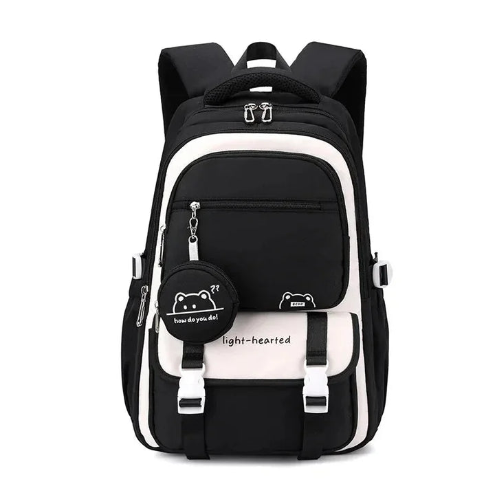 Black Women's Multi-Pocket School Backpack with Buckle Straps & Bear Charm — Aurora