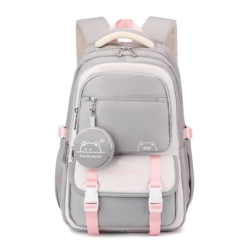 Grey Women's Multi-Pocket School Backpack with Buckle Straps & Bear Charm — Aurora - Front Side Strap