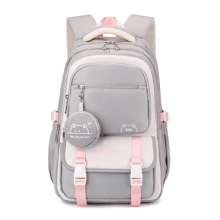 Grey Women's Multi-Pocket School Backpack with Buckle Straps & Bear Charm — Aurora - Front Side Strap