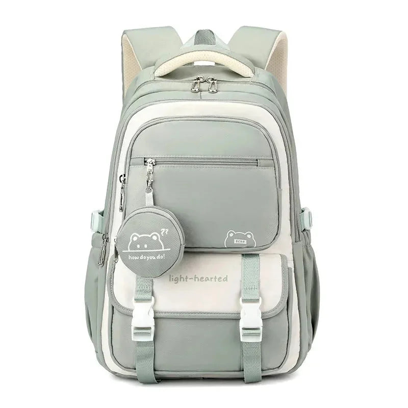 Grey Women's Multi-Pocket School Backpack with Buckle Straps & Bear Charm — Aurora