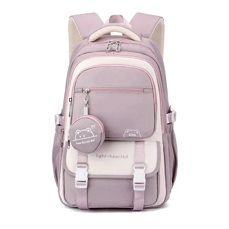 Purple Women's Multi-Pocket School Backpack with Buckle Straps & Bear Charm — Aurora - Front Full Standing