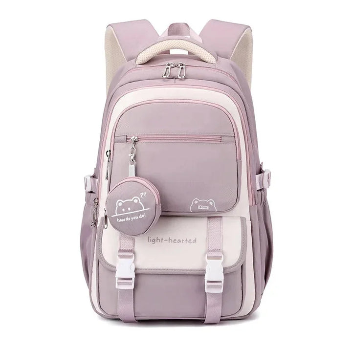 Purple Women's Multi-Pocket School Backpack with Buckle Straps & Bear Charm — Aurora - Front Full Standing