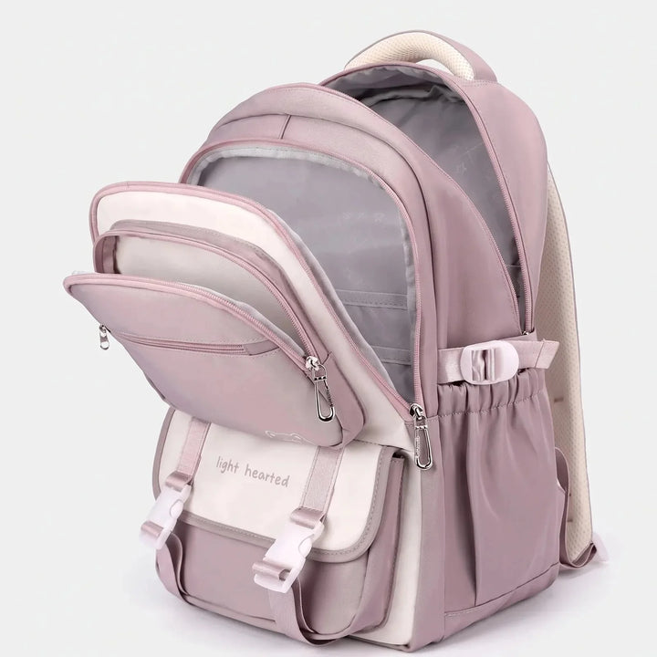 Purple Women's Multi-Pocket School Backpack with Buckle Straps & Bear Charm — Aurora - Open Multi Compartment