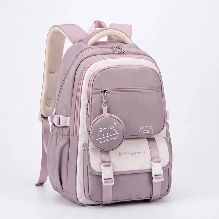 Purple Women's Multi-Pocket School Backpack with Buckle Straps & Bear Charm — Aurora - Studio Front Full