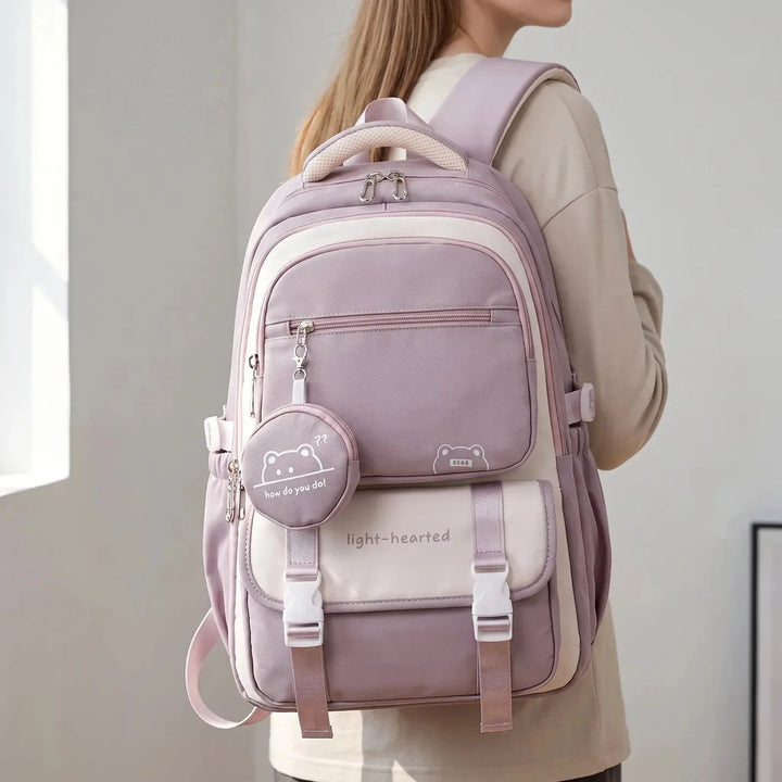 Purple Women's Multi-Pocket School Backpack with Buckle Straps & Bear Charm — Aurora