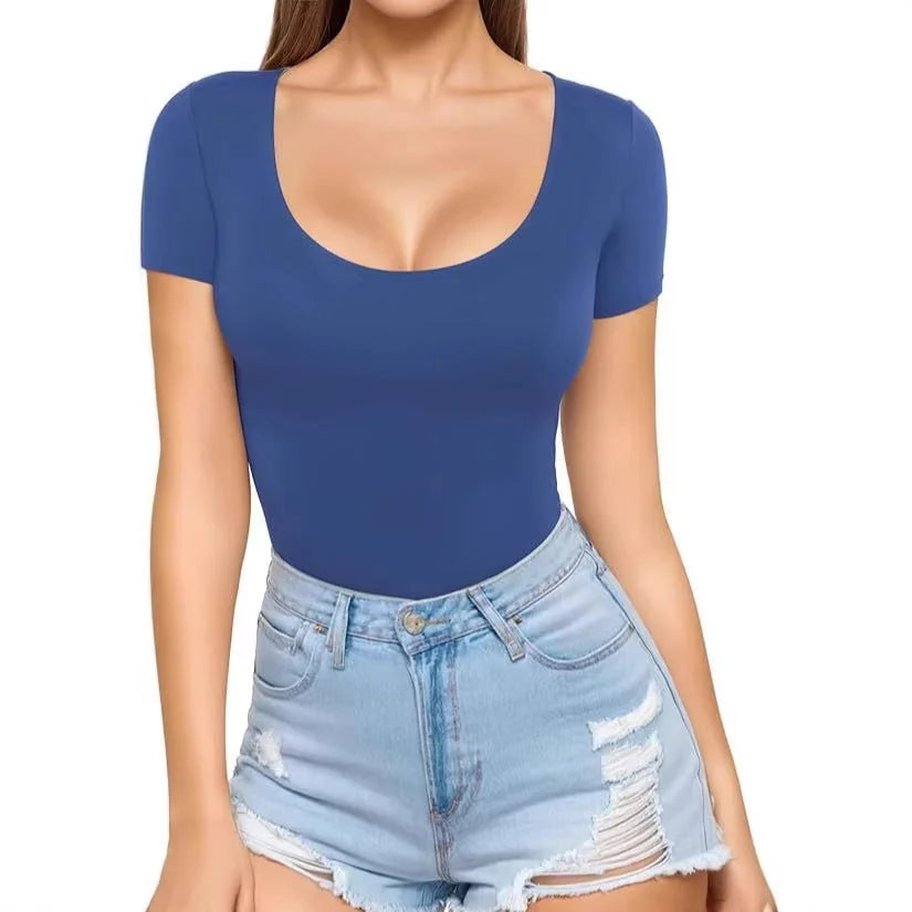 Women's Seamless Bodysuit with Scoop Neck & Short Sleeves - Front Full Closeup
