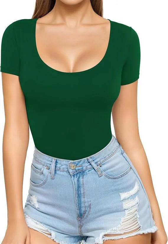 Dark Green Women's Seamless Bodysuit with Scoop Neck & Short Sleeves - Front View