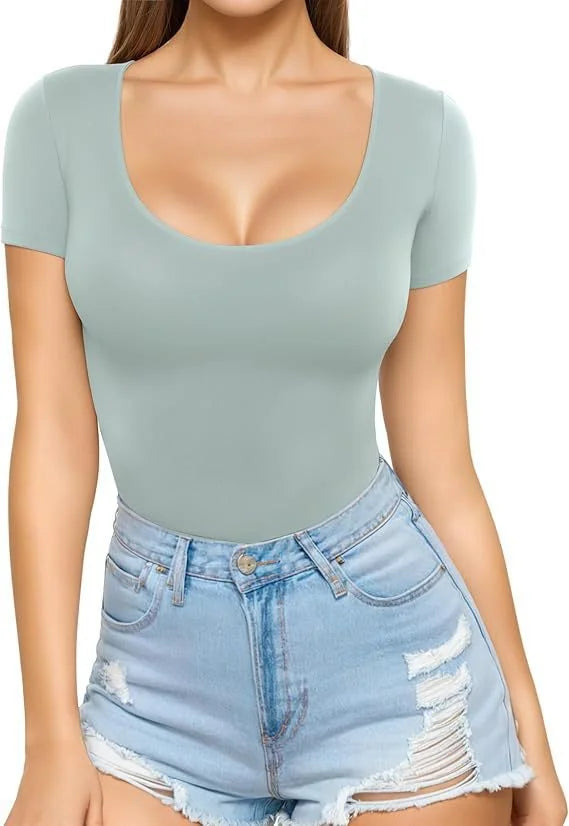 Elephant Gray Women's Seamless Bodysuit with Scoop Neck & Short Sleeves - Pastel Front