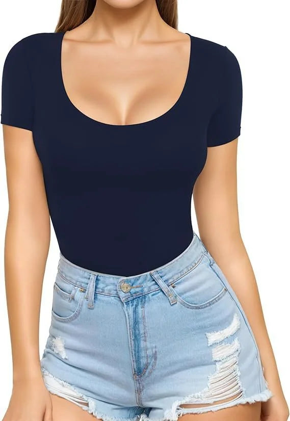 Dark Blue Women's Seamless Bodysuit with Scoop Neck & Short Sleeves - Front Standing