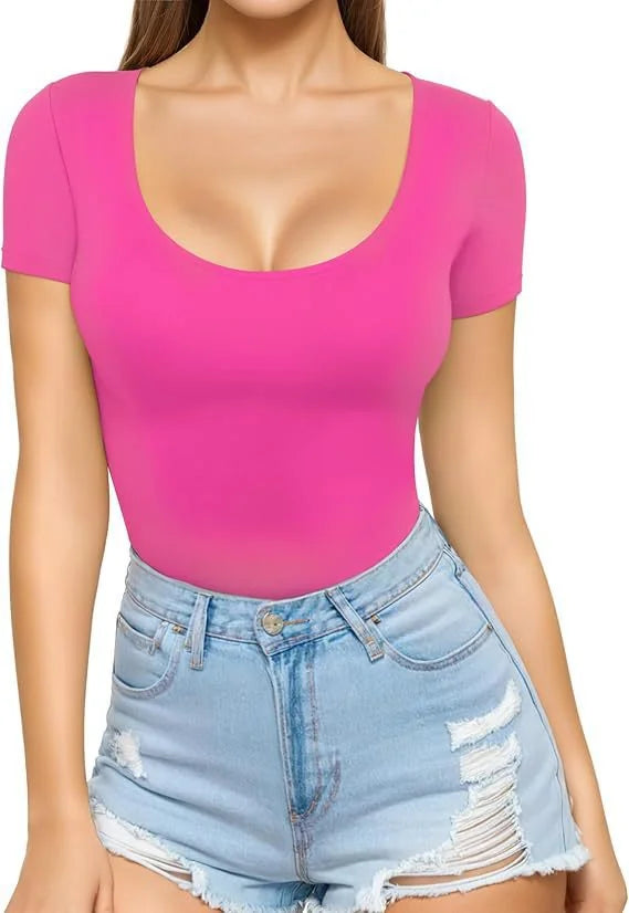 Neon Pink Women's Seamless Bodysuit with Scoop Neck & Short Sleeves - Front Detail